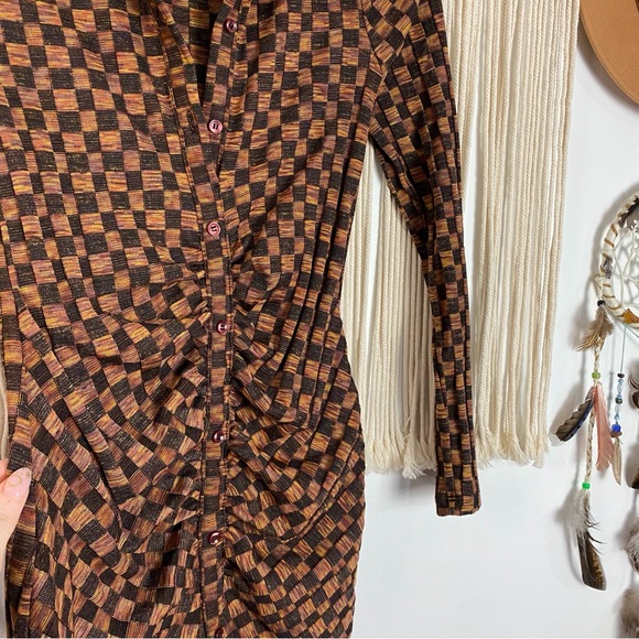 Zara Retro Checker Print Ruched Button Long Sleeve Collar Dress Size Small - Picture 6 of 10
